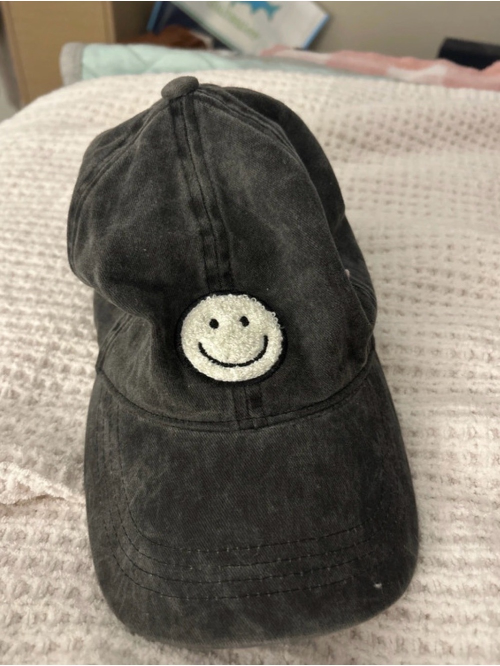 T.J.Maxx Black Baseball Cap with White Smiley Patch
